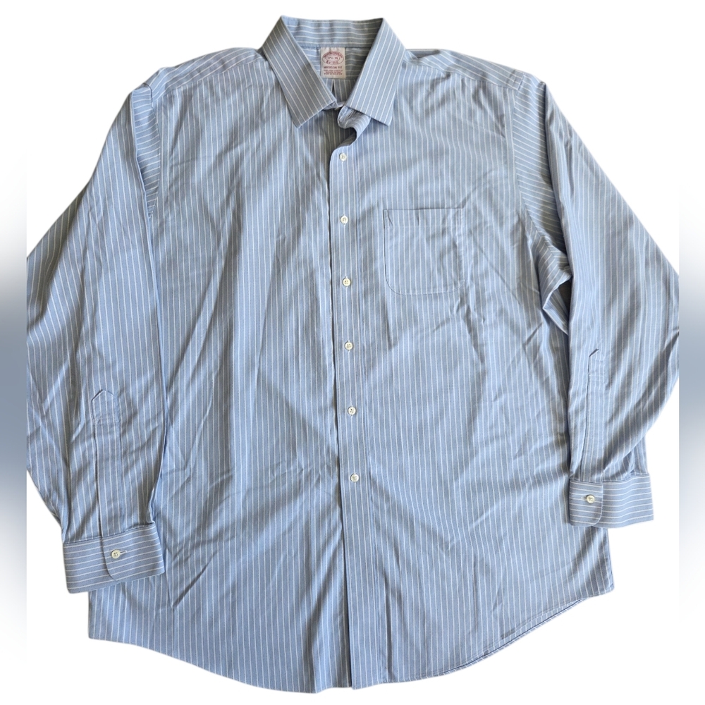 Brooks Brothers Madison Fit Light Blue White Stripe Dress Button Down Shirt 17.5